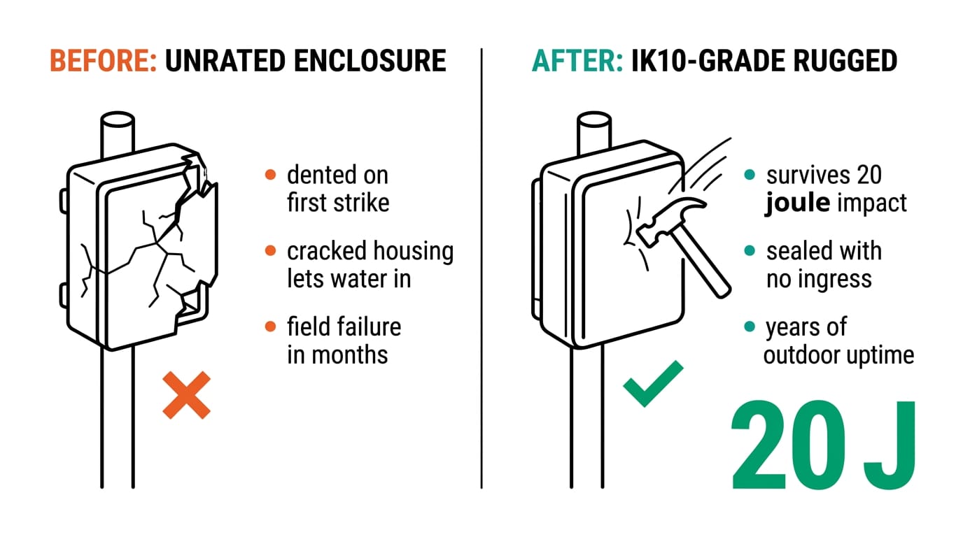 Before vs after: an unrated enclosure fails while an IK10-grade rugged enclosure survives a 20 joule impact