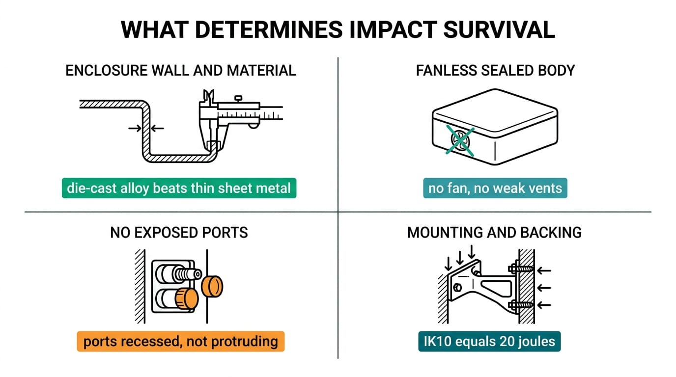 What determines impact survival: enclosure wall and material, fanless sealed body, no exposed ports, and mounting backing