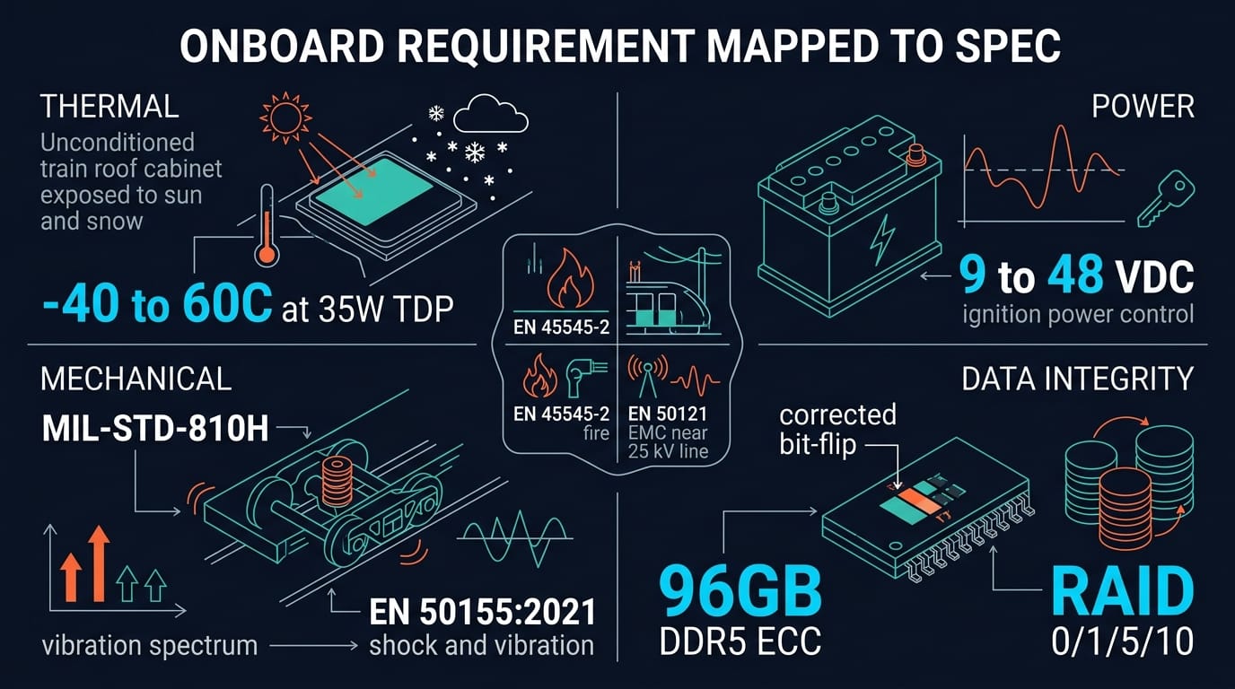 Onboard requirements mapped to DX-1300 specifications: temperature, power, shock and vibration, and data integrity