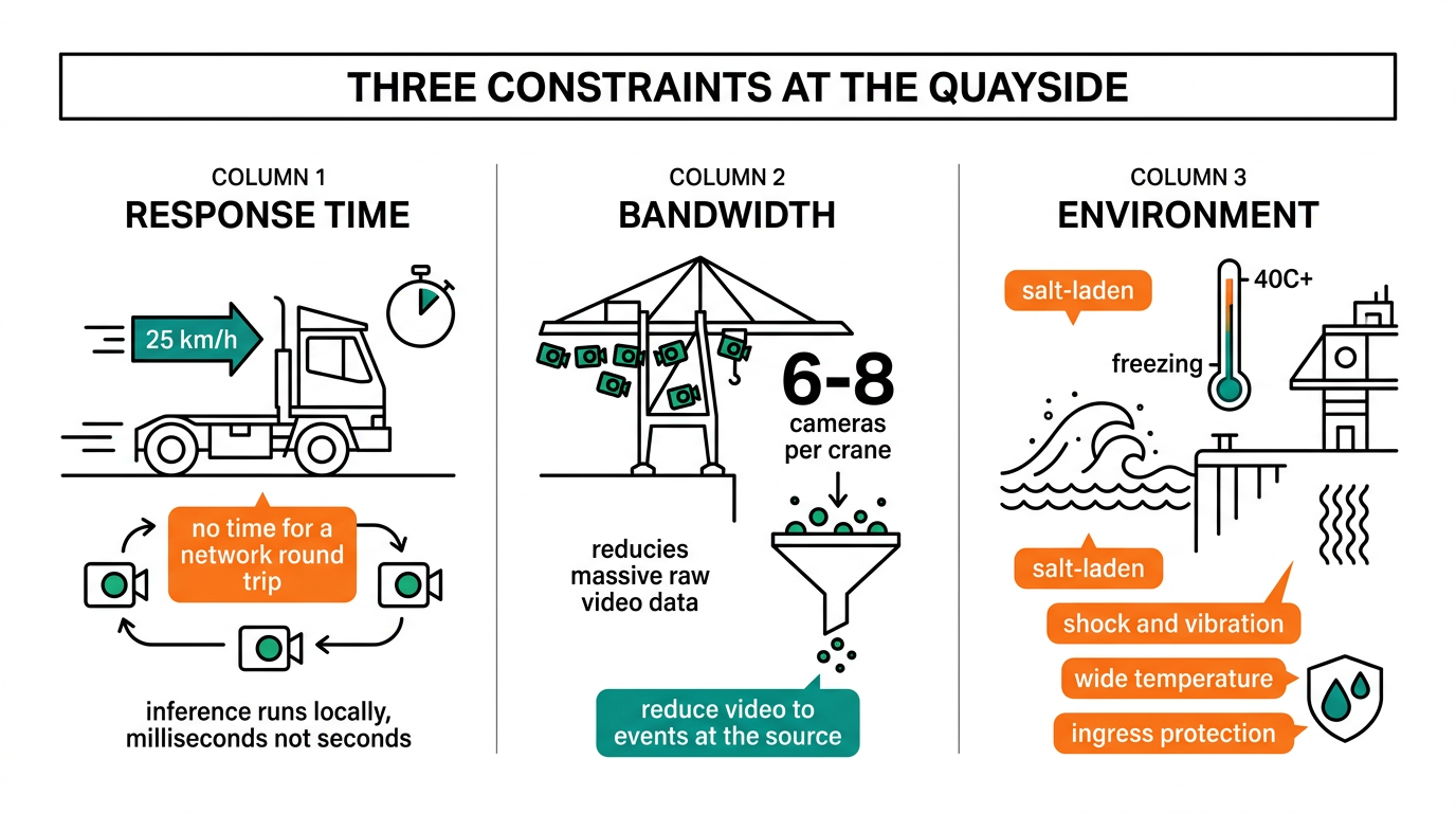 Three hardware constraints at the quayside: response time, bandwidth, and environment