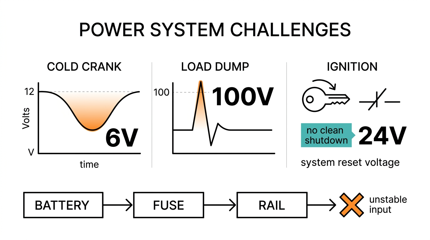 Why the vehicle rail breaks edge AI: cold crank sag to 6V, load dump spike to 100V, ignition without clean shutdown