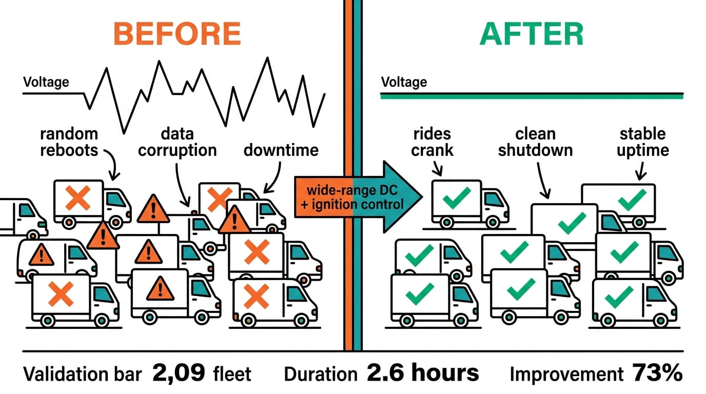 Before and after vehicle power design: fleet reboots and downtime versus stable uptime