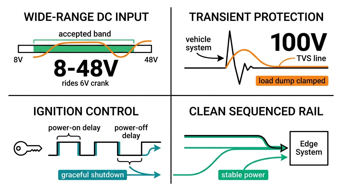 Four layers of vehicle power protection: wide-range DC input, transient protection, ignition control, clean sequenced rail