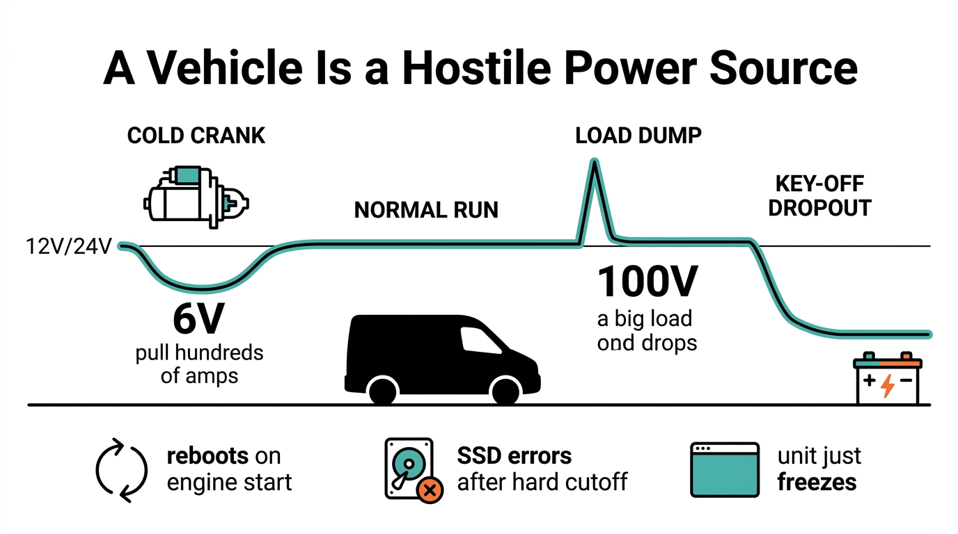 Why the vehicle rail breaks edge AI: cold crank sag to 6V, load dump spike to 100V, ignition without clean shutdown