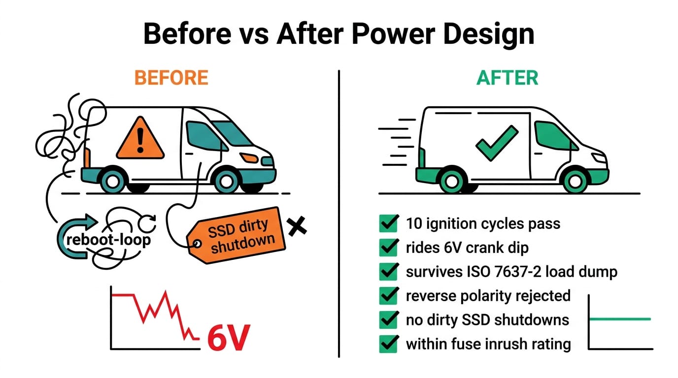 Before and after vehicle power design: fleet reboots and downtime versus stable uptime