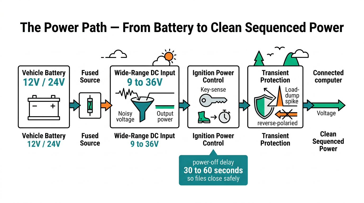 Four layers of vehicle power protection: wide-range DC input, transient protection, ignition control, clean sequenced rail