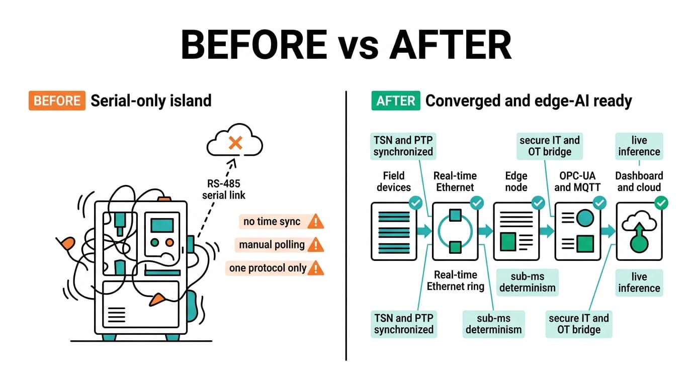 Before vs after: connecting an edge AI site — serial-only island versus a converged, edge-AI-ready connectivity flow
