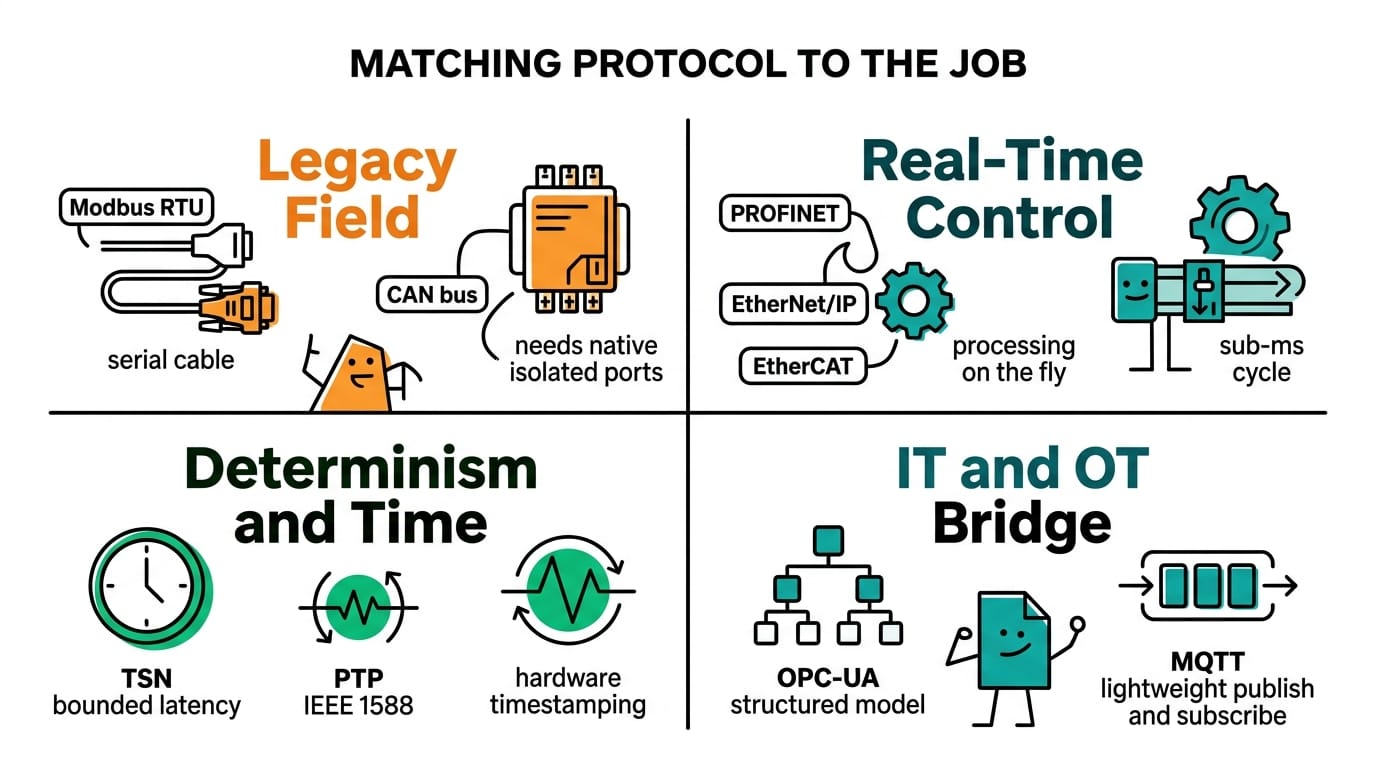 Matching protocol to the job: legacy field, real-time control, determinism and time, and the IT/OT bridge