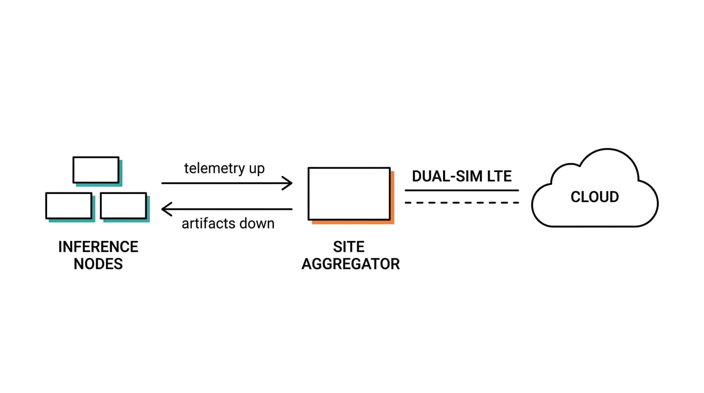 Three-layer fleet update architecture: inference nodes, site aggregator, and cloud over dual-SIM LTE