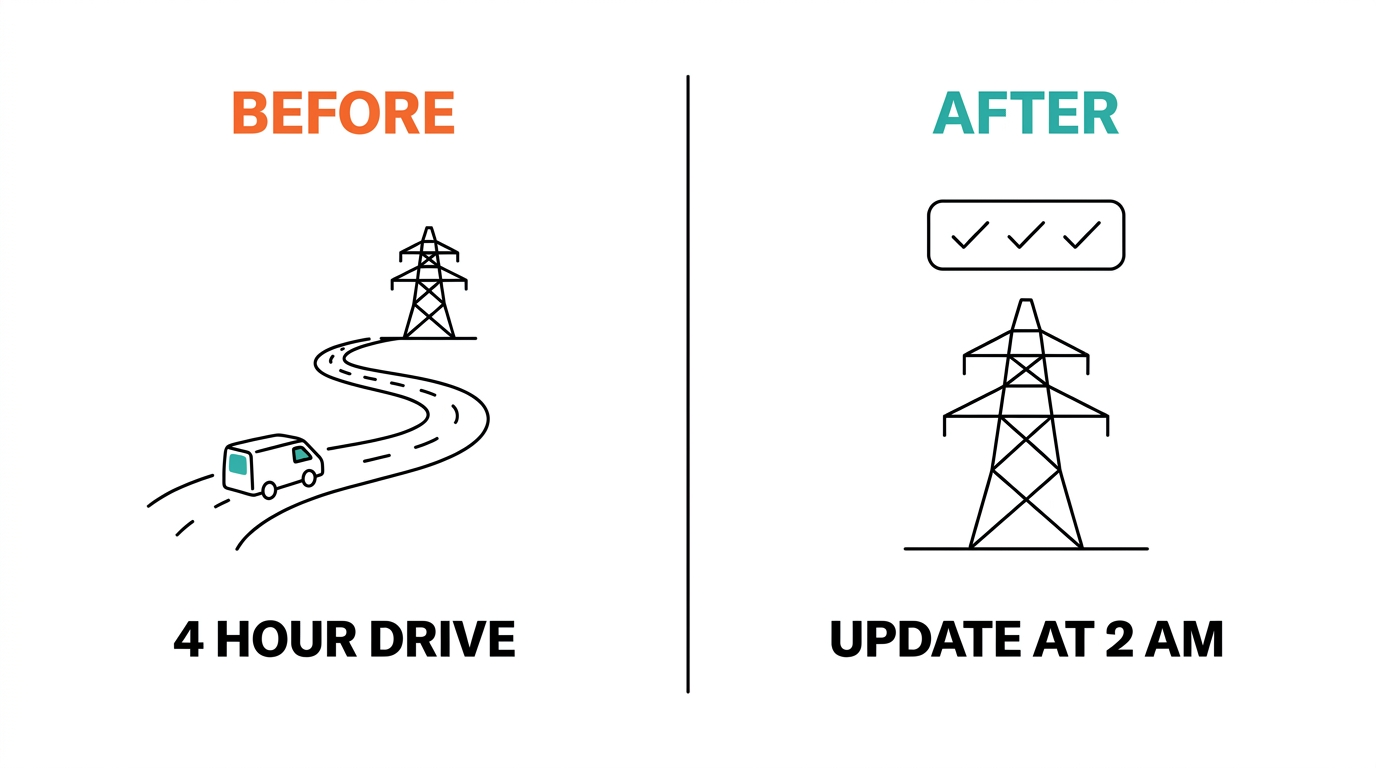 Before and after comparison of fleet operations: four hour drive versus remote update at 2 AM