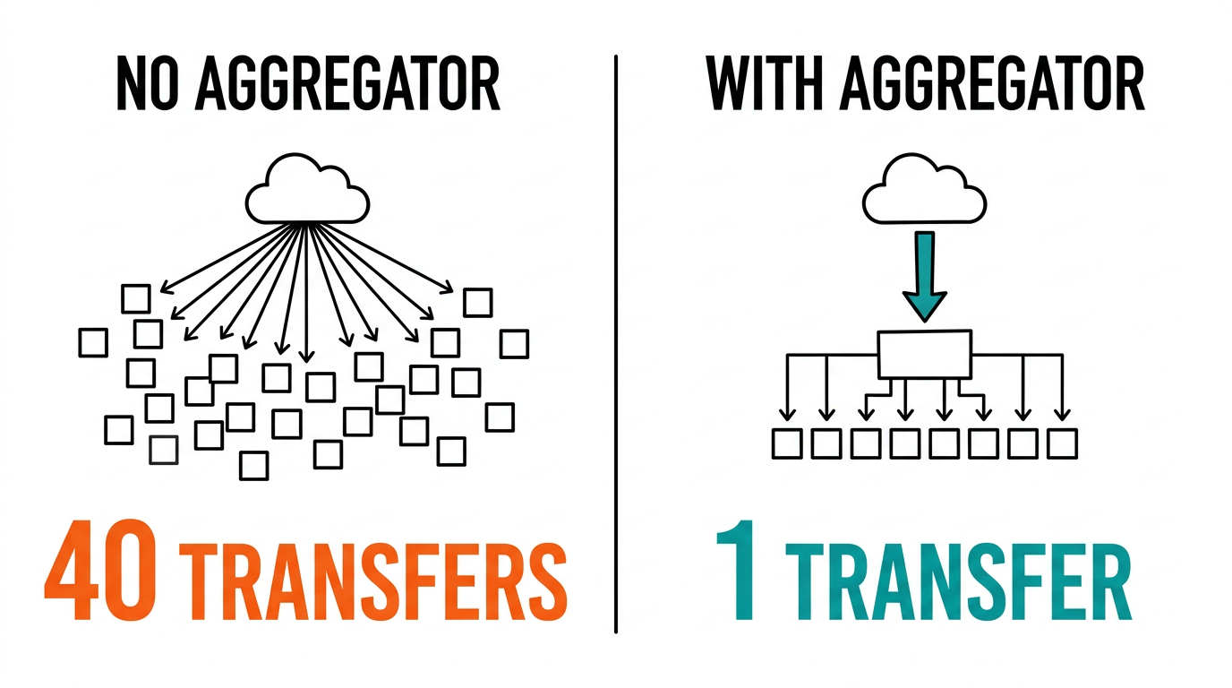 Bandwidth comparison: forty transfers without a site aggregator versus one transfer with one