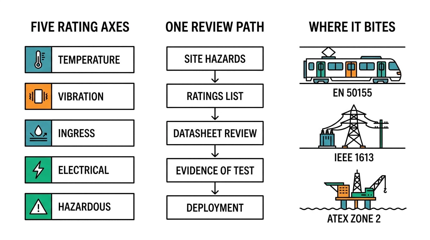 Five ruggedness rating axes and the datasheet review path