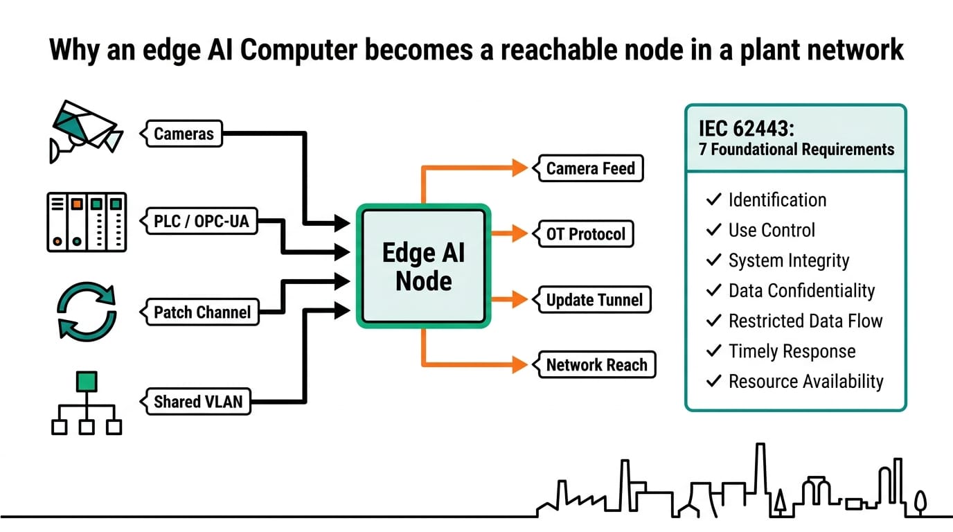 How an edge AI computer becomes a reachable node in a plant network under IEC 62443