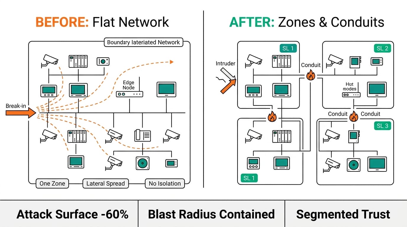 Flat plant network versus IEC 62443 zones and conduits, before and after