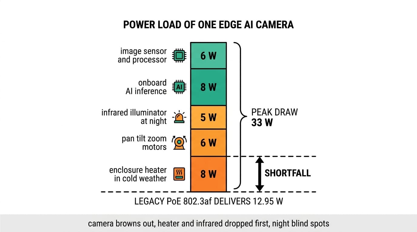 Edge AI camera power budget gap: 33W peak draw vs 12.95W legacy PoE