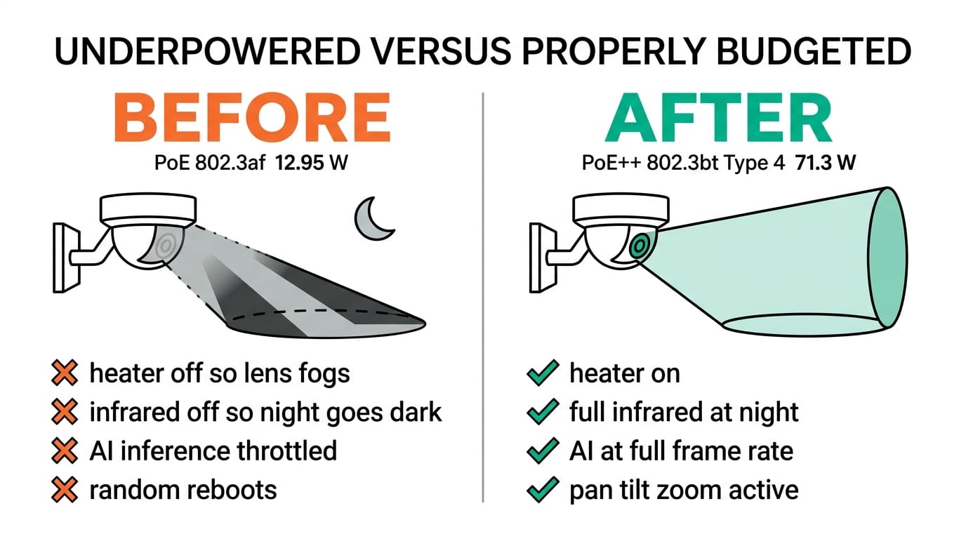 Underpowered vs properly budgeted PoE camera: coverage before and after