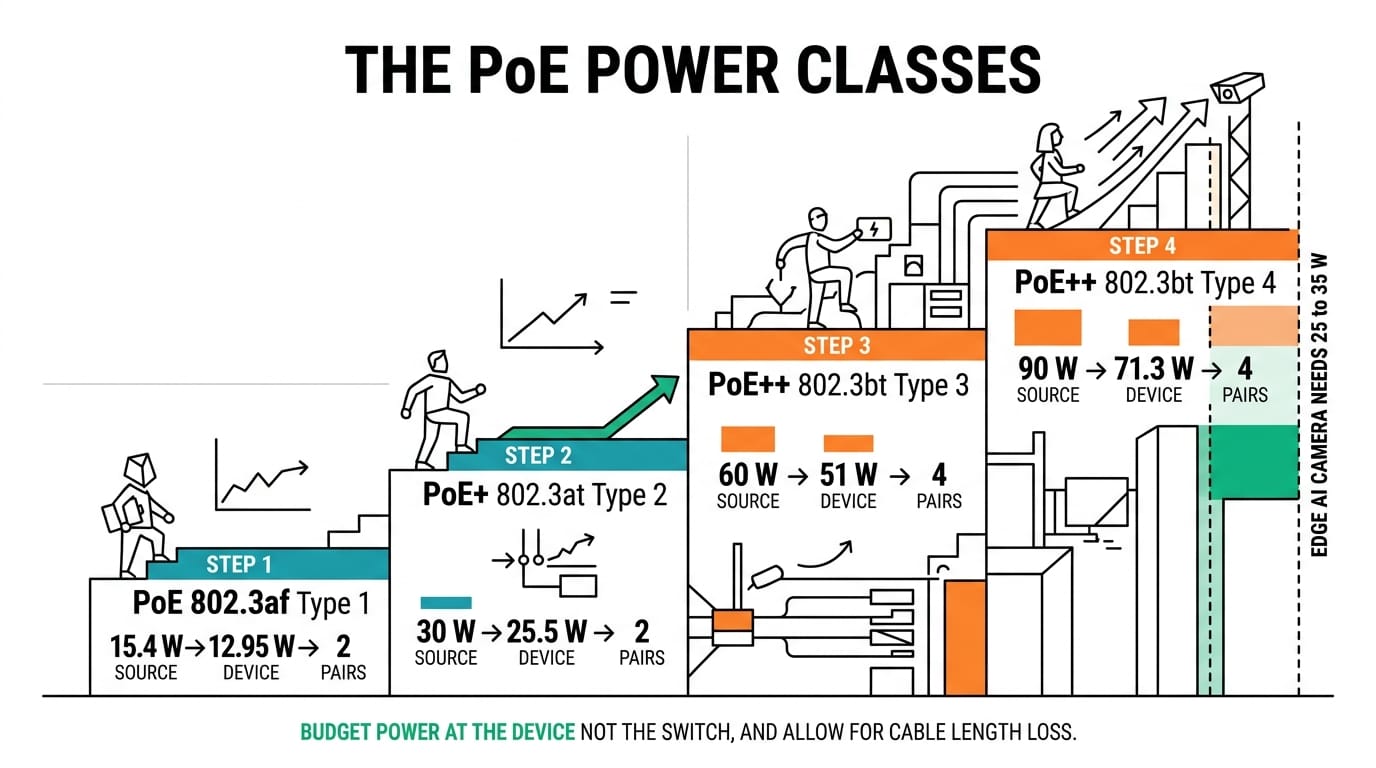 The PoE power classes staircase from 802.3af to 802.3bt Type 4
