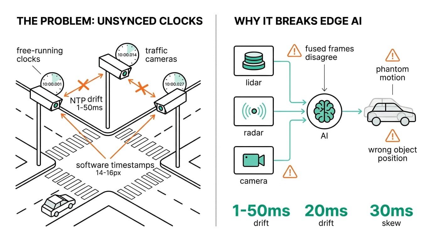 The problem of unsynced clocks: free-running device clocks and NTP drift break multi-sensor edge AI fusion