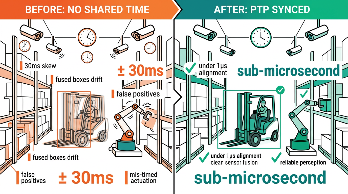 Before vs after PTP time synchronization in a warehouse: unsynced clocks cause misaligned detections; PTP delivers sub-microsecond alignment
