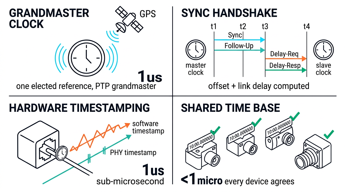 How PTP works: a grandmaster clock, the sync/delay handshake, hardware timestamping, and a shared time base across all devices