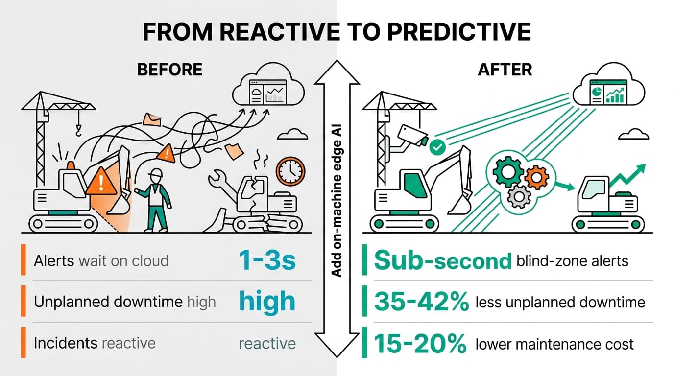Infographic: before and after on-machine edge AI — cloud-latency alerts and reactive maintenance become sub-second blind-zone alerts, 35 to 42 percent less unplanned downtime, and 15 to 20 percent lower maintenance cost