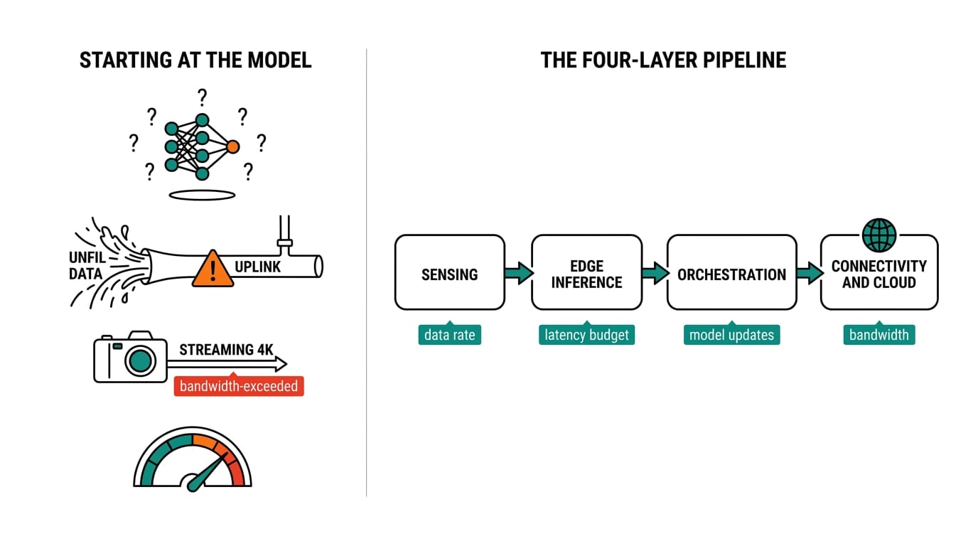 The four-layer edge AI pipeline from sensing to connectivity and cloud