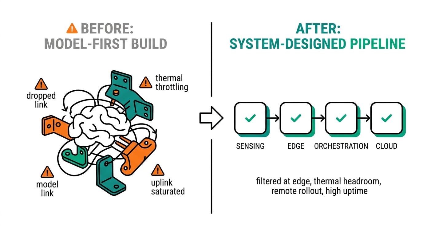 Before versus after: model-first build compared to a system-designed edge AI pipeline