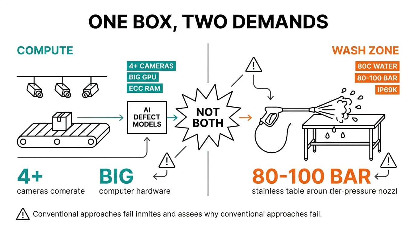 One box, two demands: high compute versus IP69K washdown zone