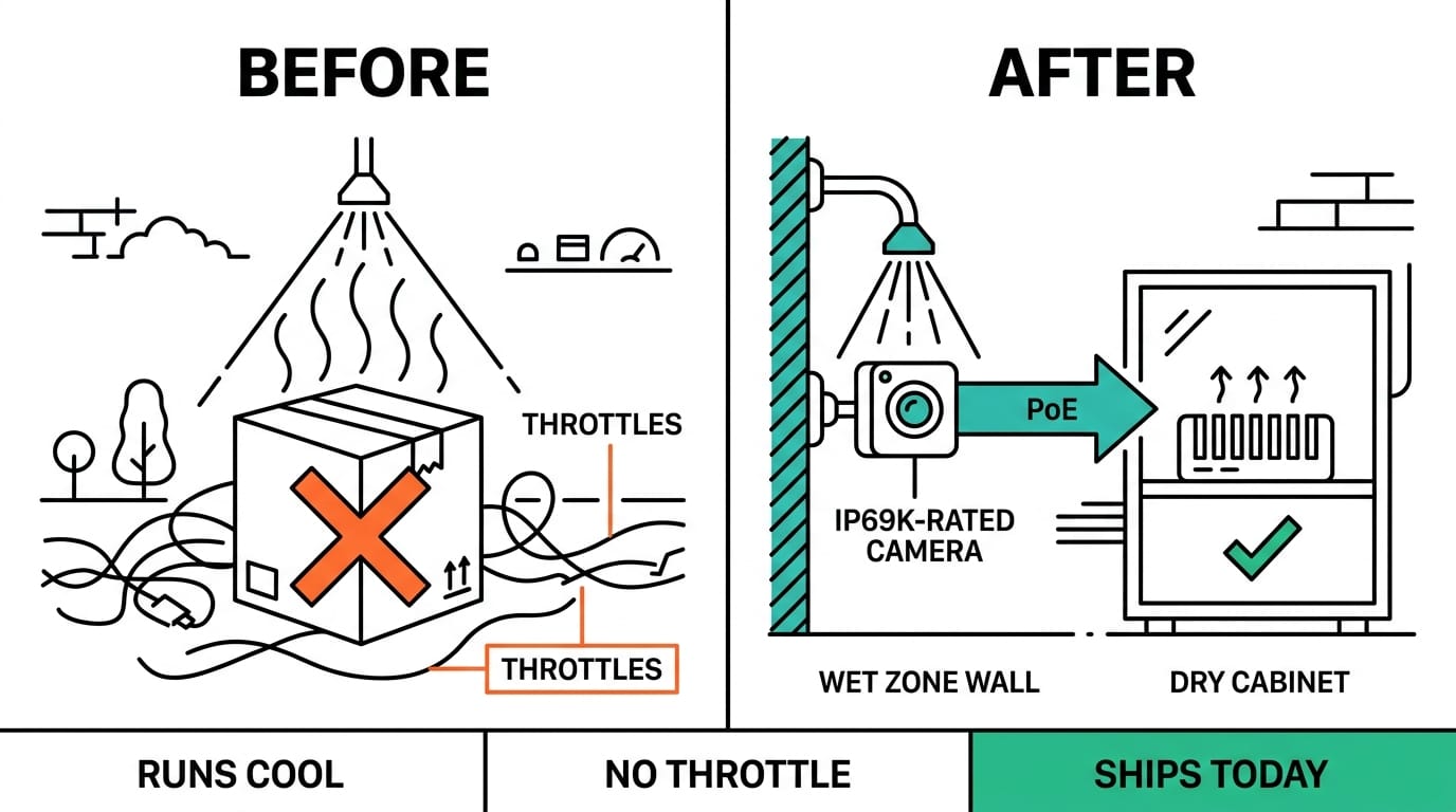 Split the system: IP69K cameras in the wet zone, GPU box in a dry cabinet