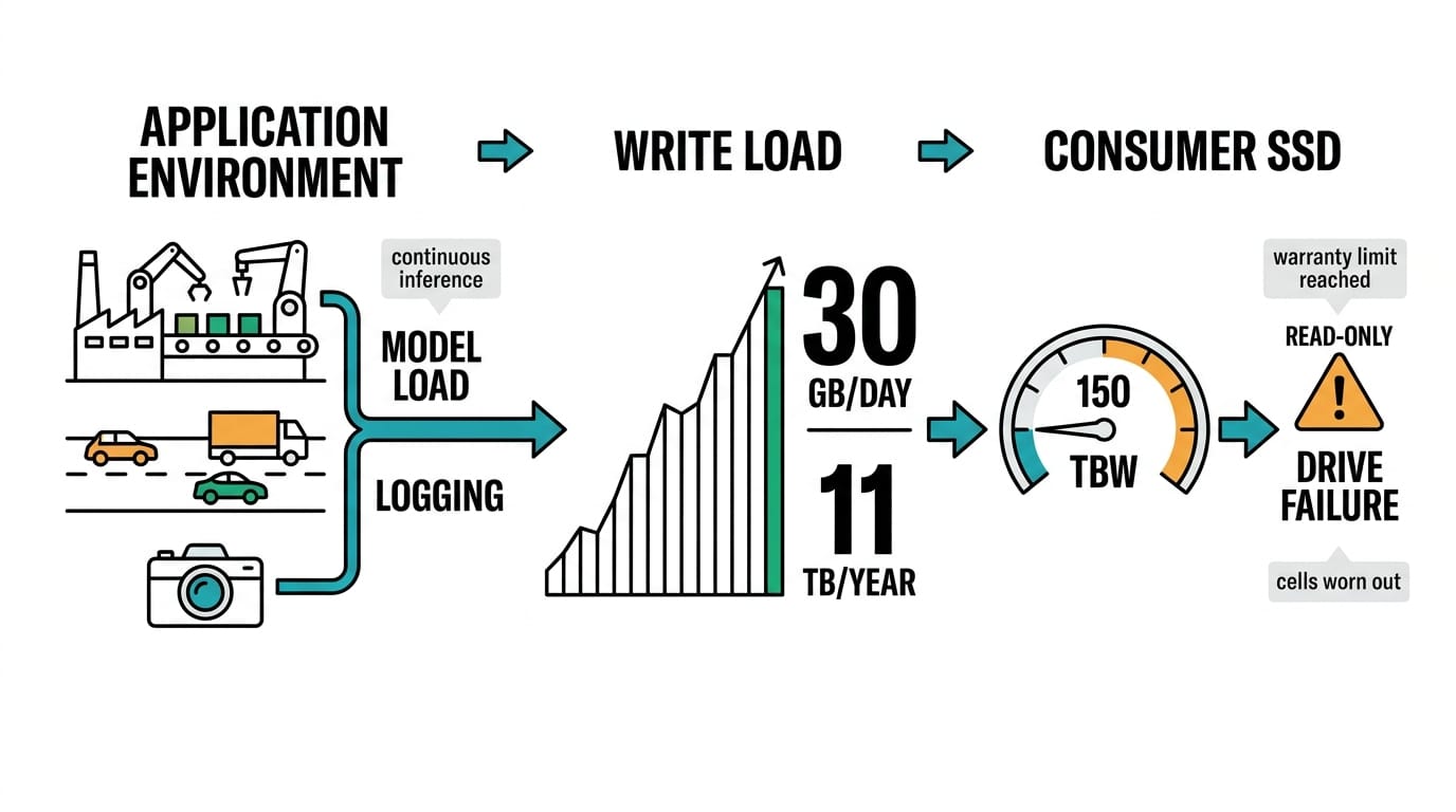 Why field edge AI storage wears out first: continuous logging write load drains a consumer SSD past its TBW limit