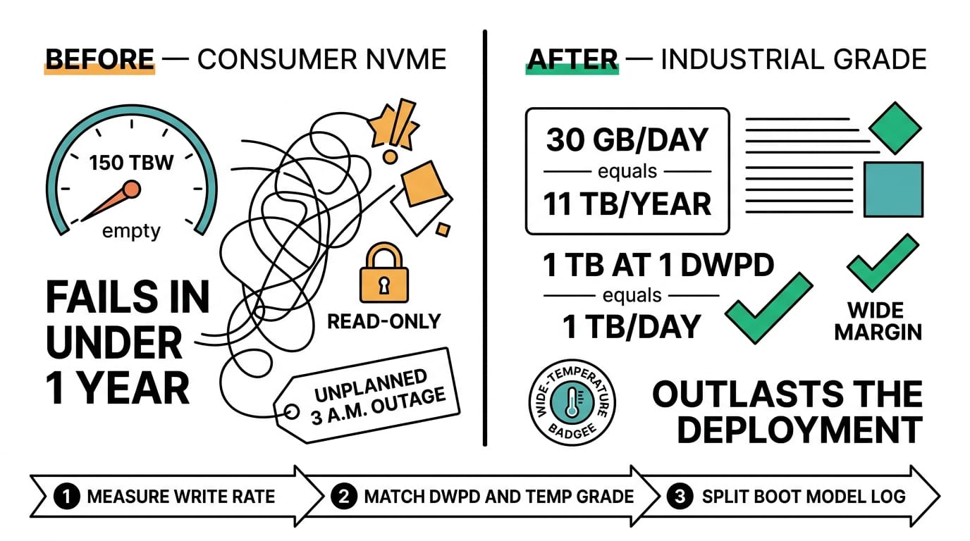 Before and after: consumer NVMe fails in under a year versus an industrial spec-matched drive that outlasts the deployment