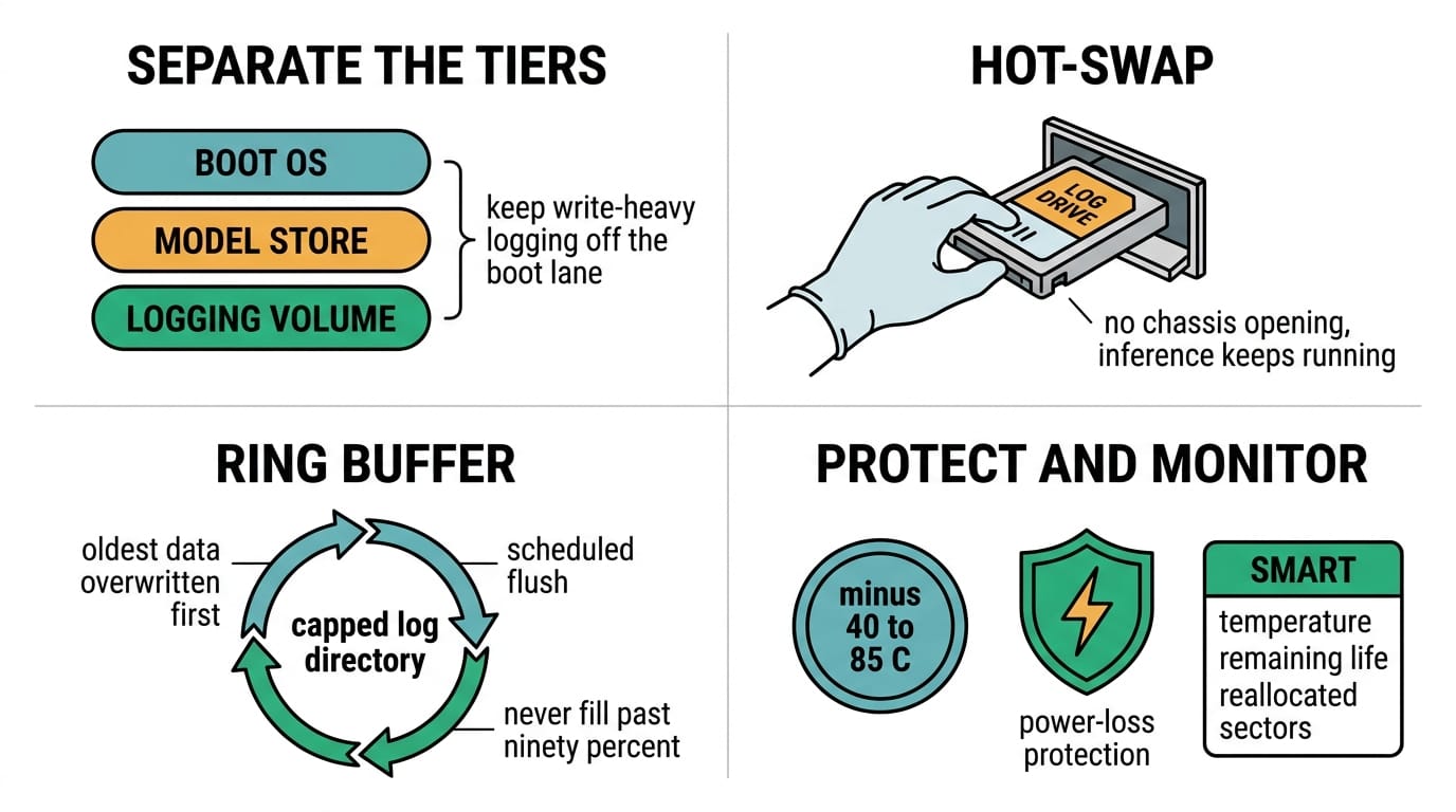 Three-tier storage layout: separate boot, model, and logging volumes with hot-swap, ring buffer, and SMART monitoring