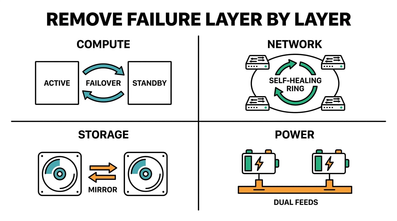 Four-layer redundancy: compute, network, storage, power