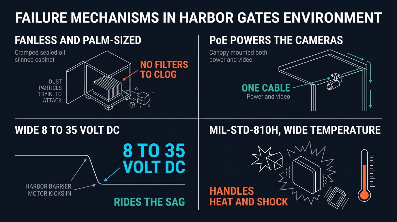 Why the POC-700 fits the gate cabinet: fanless, PoE, wide DC, MIL-STD-810H