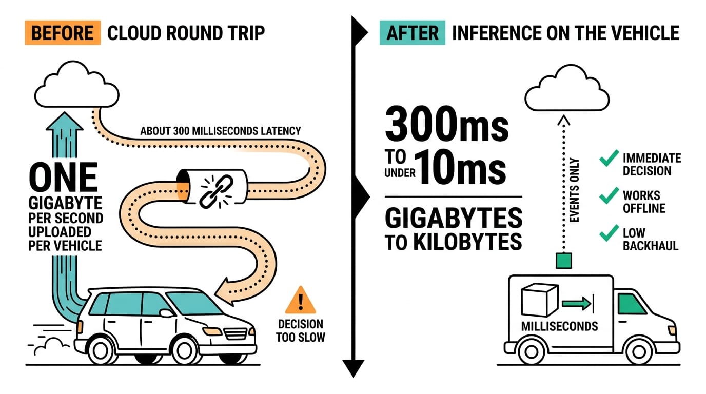 Infographic: cloud round trip versus inference on the vehicle