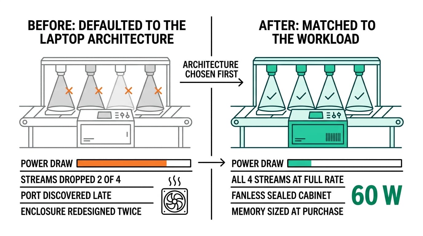 Before and after comparison of defaulting to a familiar architecture versus matching it to the workload