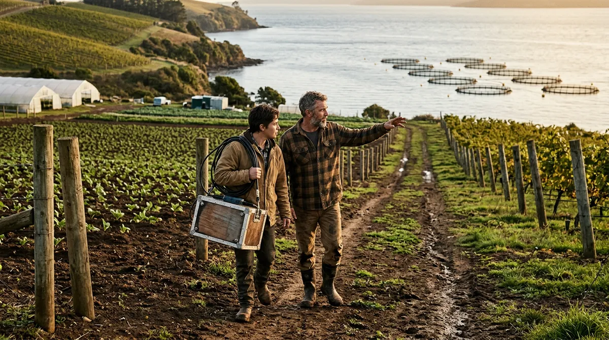 Offshore aquaculture fish farm with coastal landscape - Peter McKinnon style