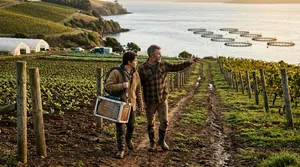 Offshore aquaculture fish farm with coastal landscape - Peter McKinnon style