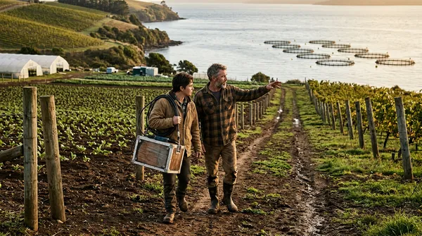 Offshore aquaculture fish farm with coastal landscape - Peter McKinnon style