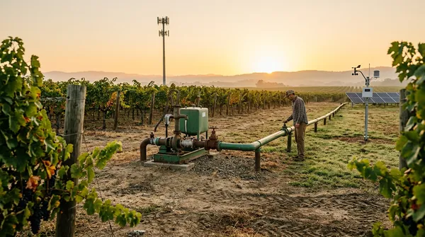 Remote pump station and pipeline at sunrise with a cellular tower and weather station — the application environment for an edge AI + MQTT + cellular gateway monitoring stack.
